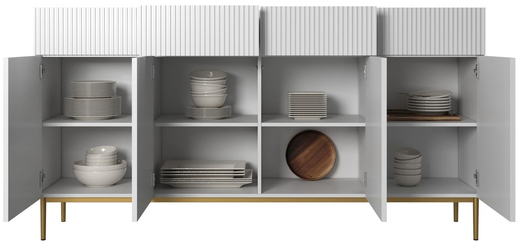 Komoda czterodrzwiowa Nicole 200 cm z szufladami z ryflowanym frontem - biały mat / złote nóżki