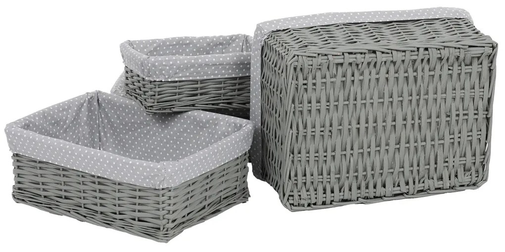 Zestaw koszyków wiklinowych z tkaniną Szara kropka, 5 szt., 5 rozmiarów, 48 x 18 x 37 cm