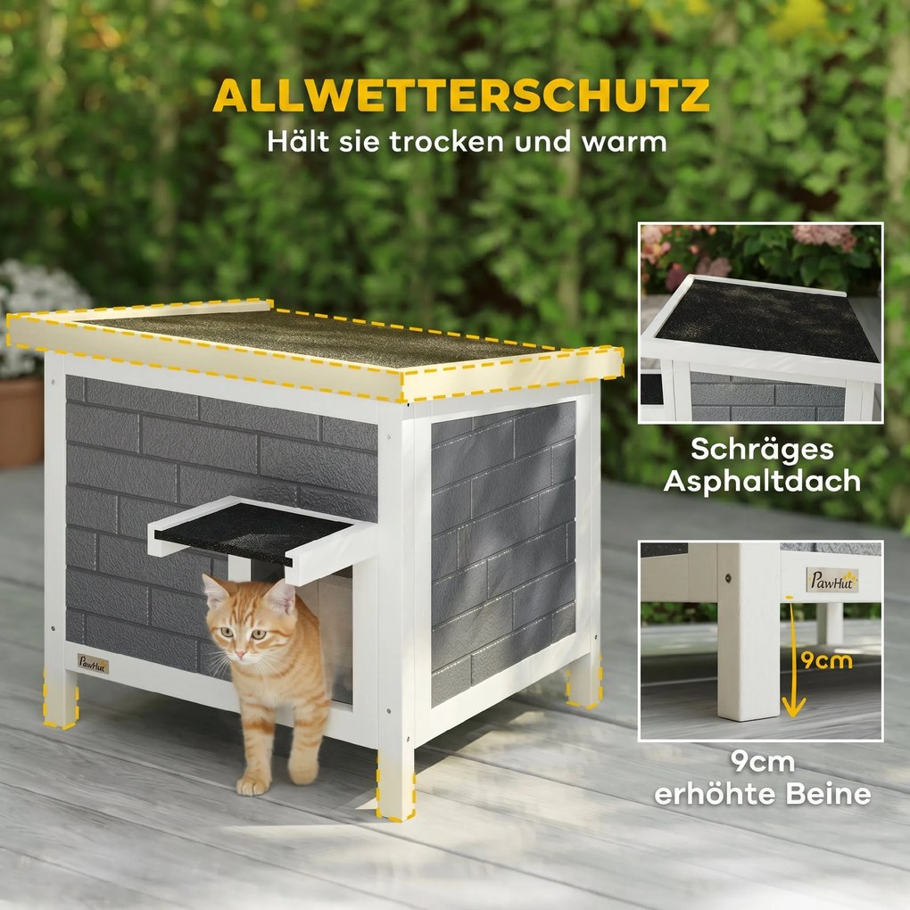 PawHut Domek dla kota Wodoodporny domek drewniany z uchylnym dachem Aluminiowe płyty izolacyjne Dach z asfaltu 61x51x53,5 cm | Aosom PL