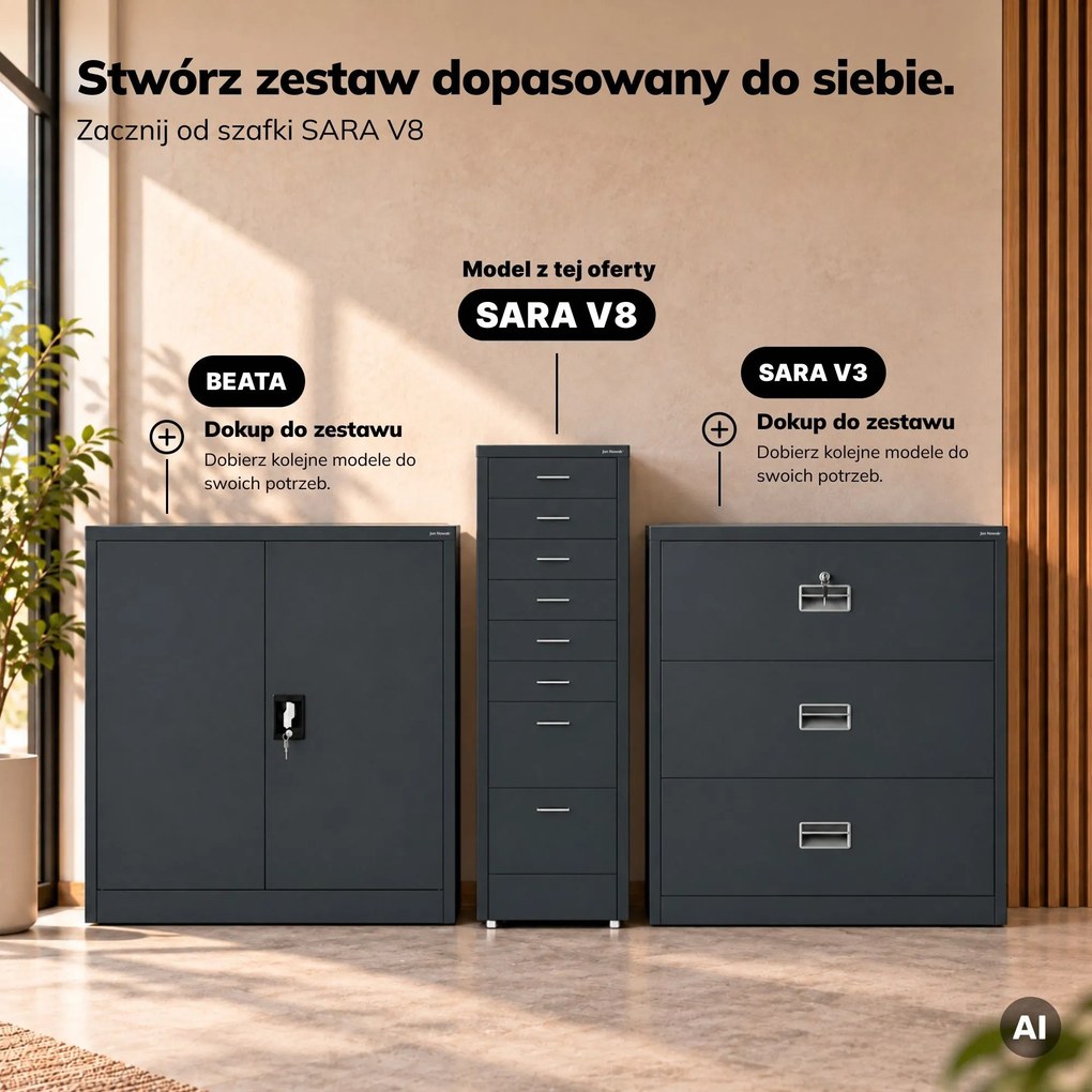 Szafka kartotekowa na kółkach, metalowa, 8 szuflad, na dokumenty, antracytowa, 300x1100x600 mm: SARA V8