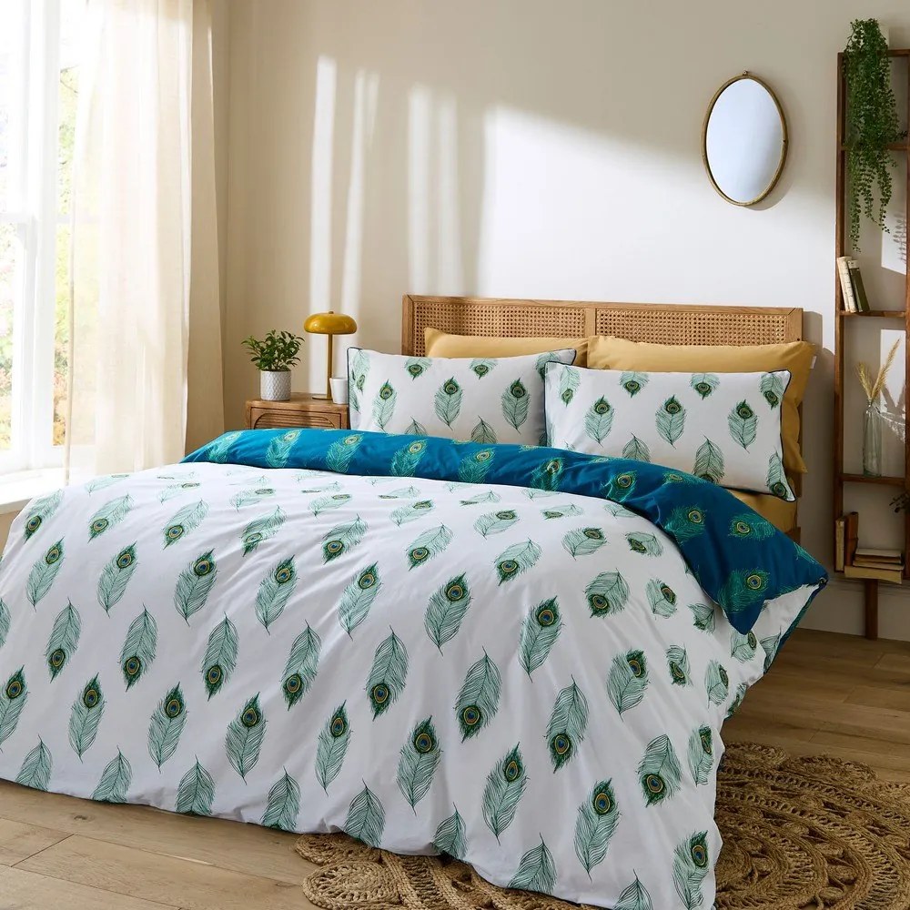 Biało-zielononiebieska bawełniana pościel dwuosobowa 230x220 cm Peacock Feather – Their Nibs