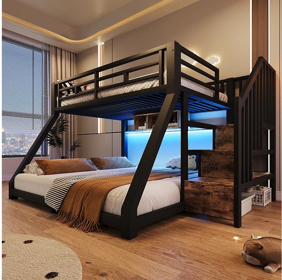 Łóżko piętrowe dla dzieci - 90 x 200 cm + 140 x 200 cm - z diodami LED + półka + drabinka - metalowe - czarne