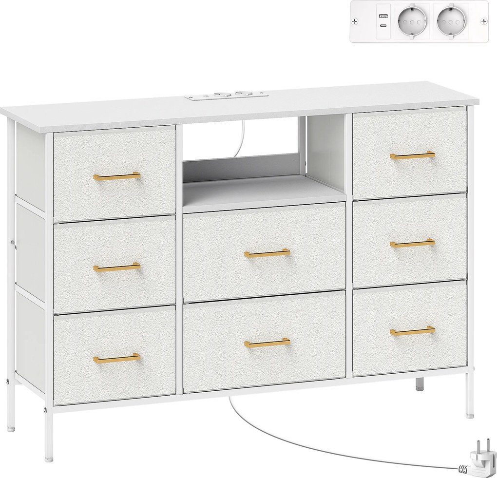 Komoda HOMCOM 8 szuflad z ładowaniem USB-C i złotymi uchwytami — kremowa