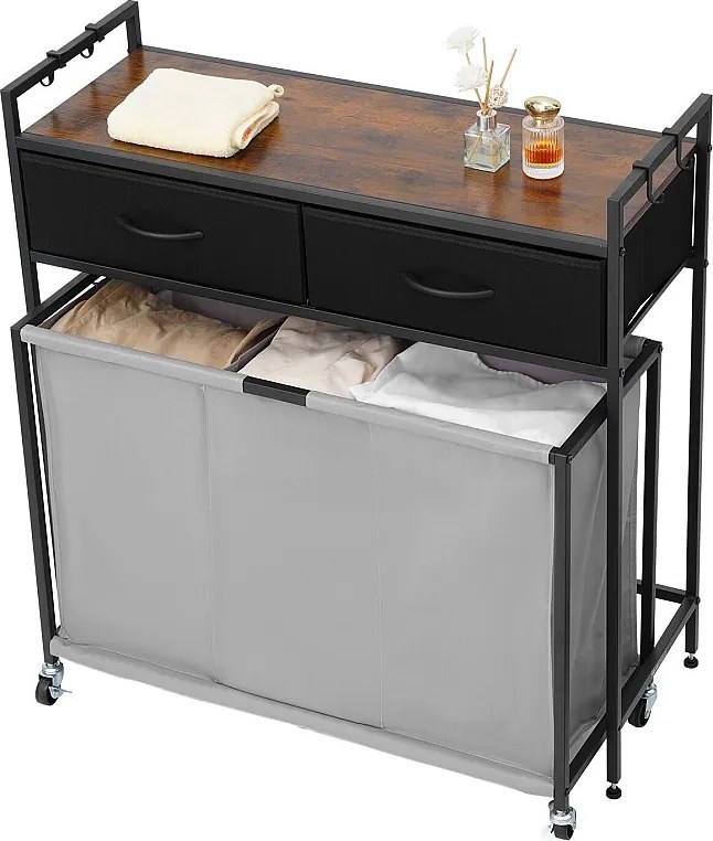 Kosz na Pranie SucceBuy Kosz na Pranie z 3 Przegródkami na Kółkach, Wyposażony w Wysuwaną Torbę, Drewniany Blat, 2 Szuflady i Haczyki, do Porządkowania Ubrań