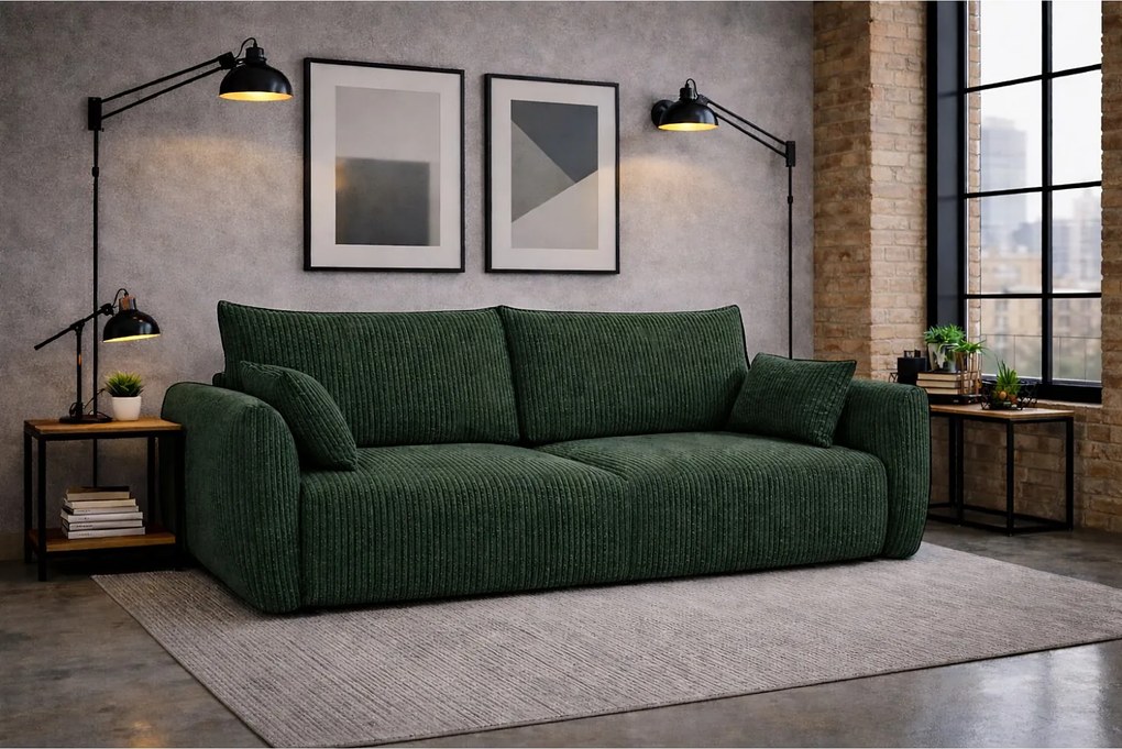 Sofa z funkcją spania i pojemnikiem, tkanina sztruksowa Poso, Zielony, Zephira