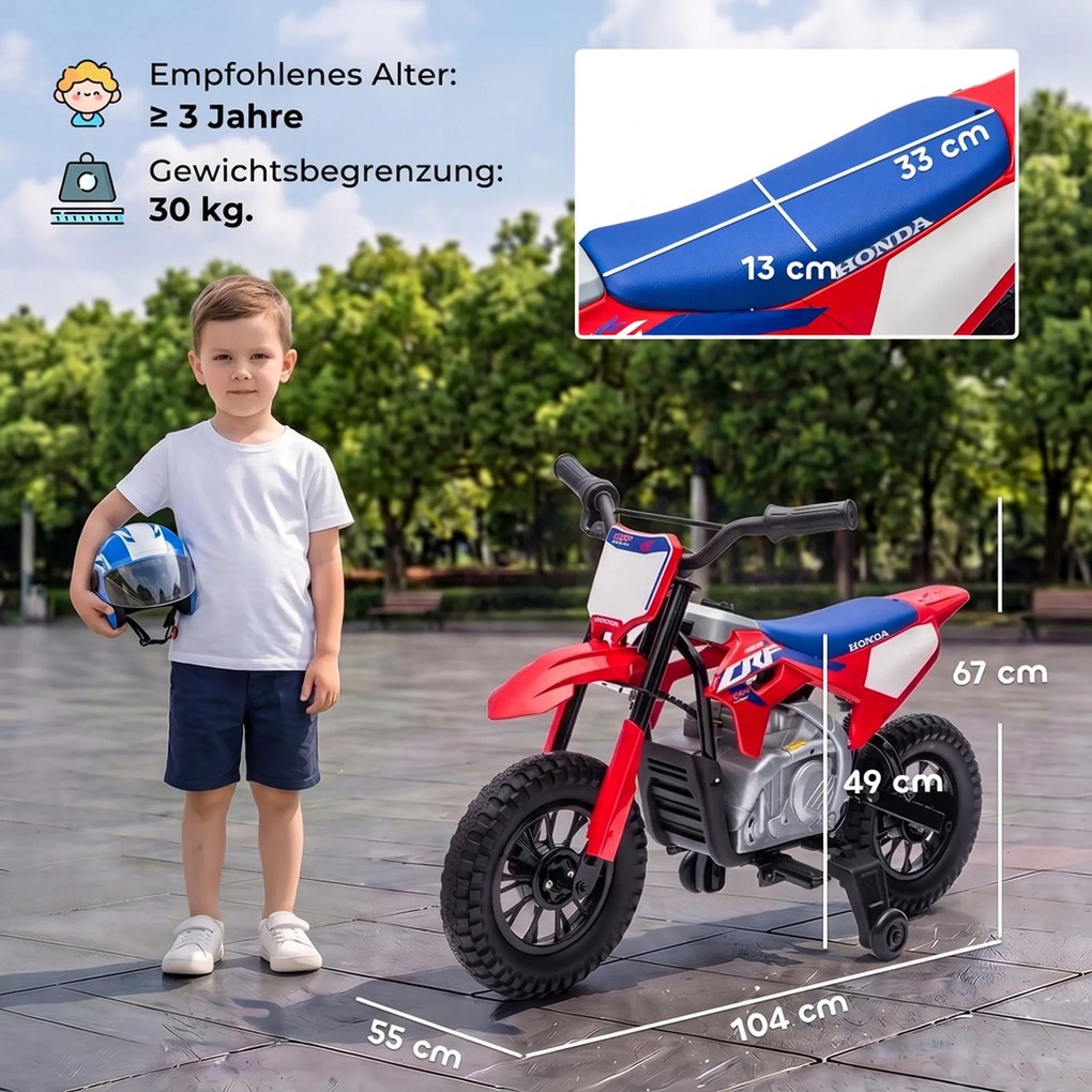 AIYAPLAY Elektryczny motocykl dla dzieci HONDA CRF 450R 12 V dziecięcy motocross z silnikiem 35 W akumulatorem litowym tylne zawieszenie koła 30,48 cm | Aosom PL