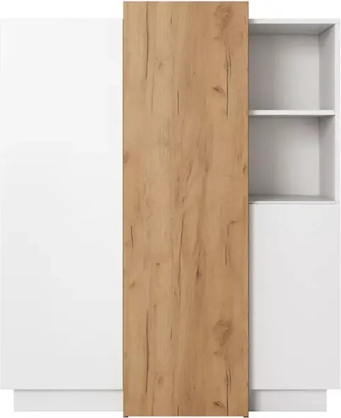 Komoda Volio z trzema drzwiami i dwiema otwartymi półkami w kolorze biel + dąb craft