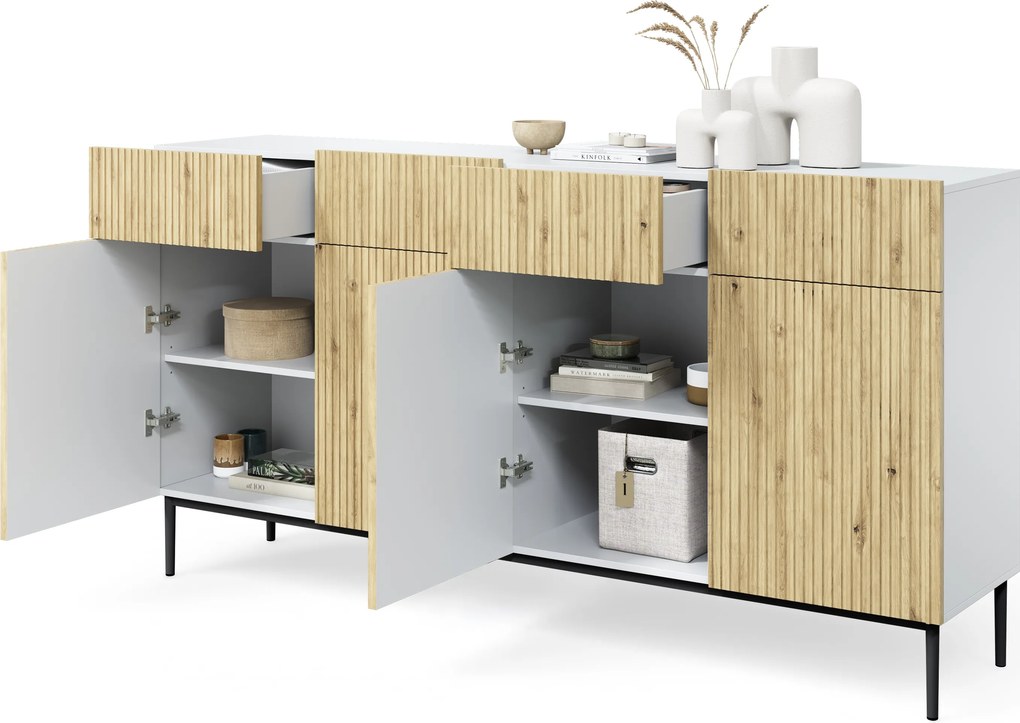 Komoda czterodrzwiowa Nicole 200 cm z szufladami - biały / dąb artisan / czarne nóżki