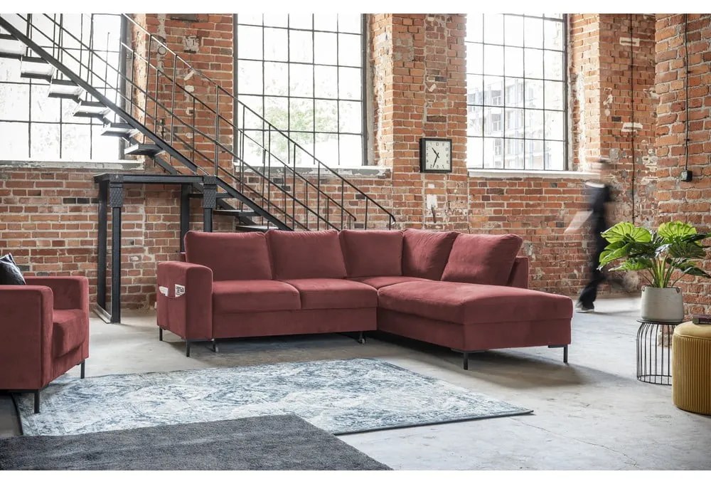Różowy aksamitny rozkładany narożnik (prawostronny) Lofty Lilly – Miuform