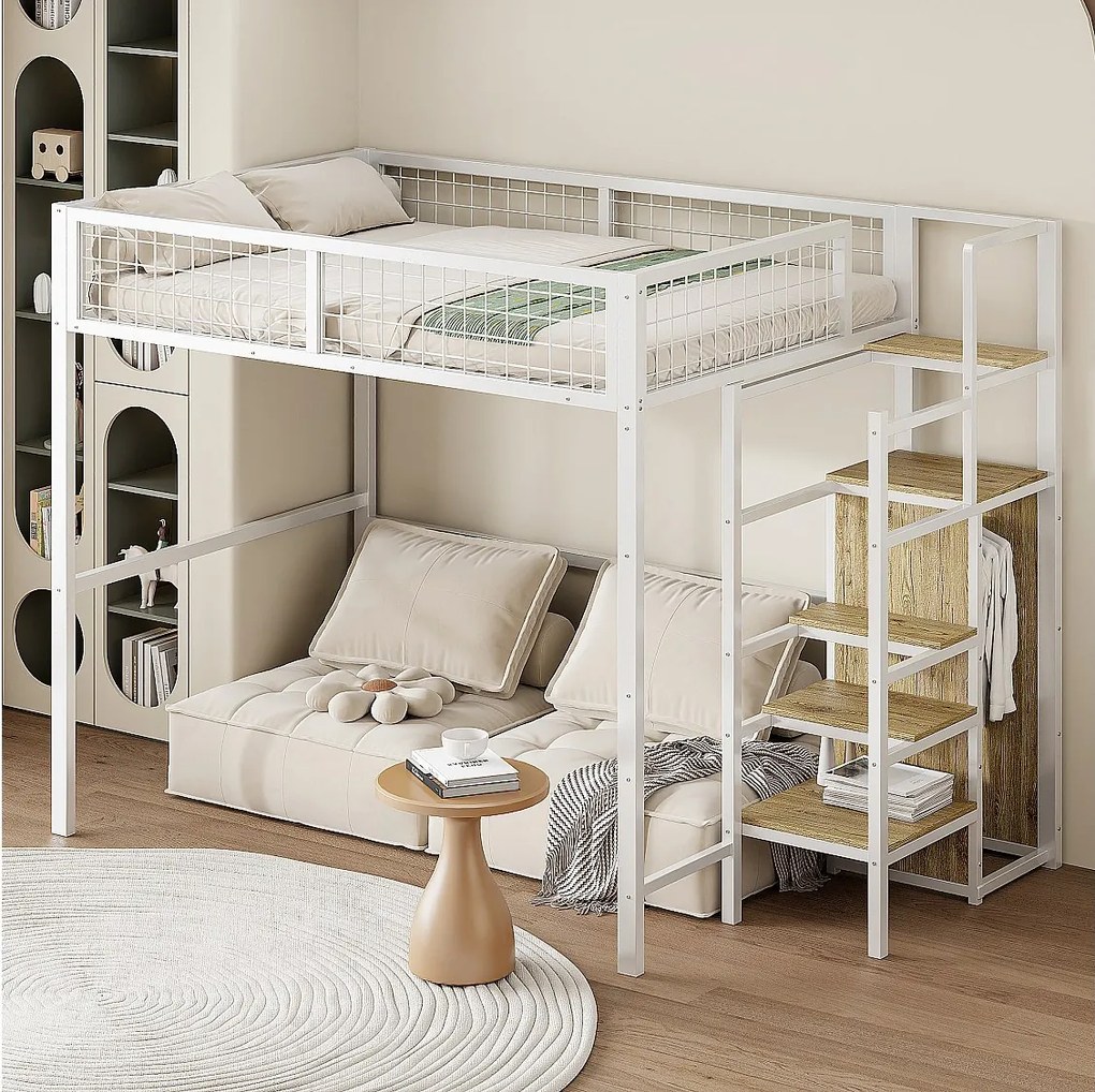 Łóżko piętrowe 140 x 200 cm – ze schodami i szafą – białe – materac nie jest wliczony w cenę