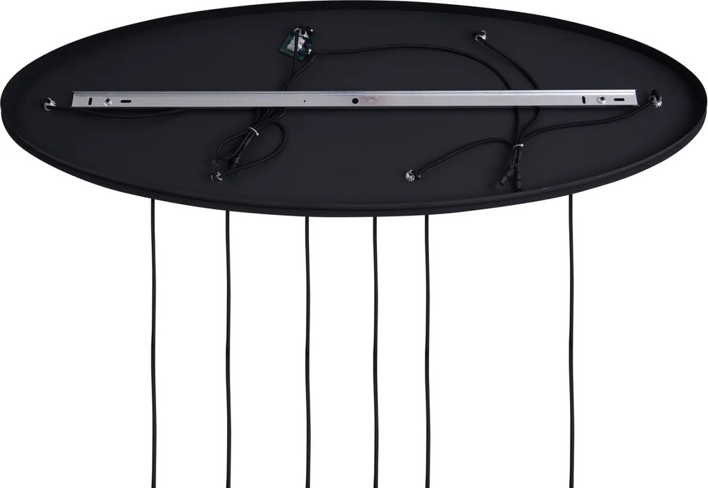 Lampa wisząca w stylu Art Deco czarna z owalną płytą sufitową i przydymionym szkłem 6-źródeł światła - Douglass