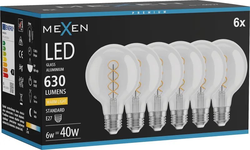 Mexen Vintis 6x żarówka filament spirala LED E27, G80, 6W, Ciepła - 2700K, 630 lm, clear - L165-E27-0627-00x06