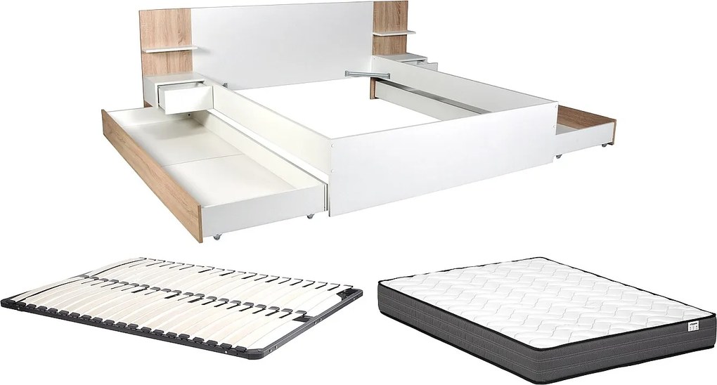 Łóżko z szufladami 160 x 200 cm – Z 2 szafkami nocnymi i półkami - Białe i naturalne + Stelaż + Materac – KLYRANA