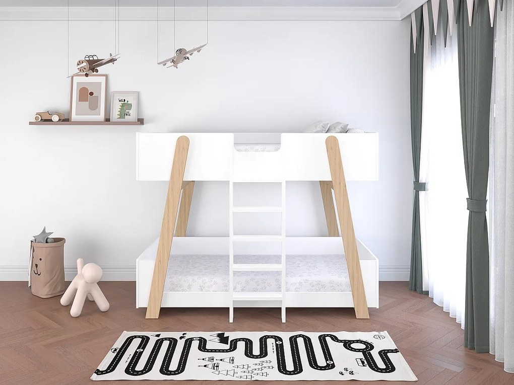 Łóżko piętrowe 90 x 190 cm - Białe i naturalne + Materac - CORODELA