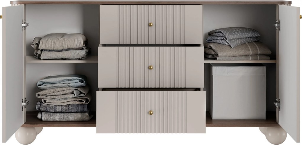 Komoda Vesper 160 cm z szufladami na kulach - kaszmir / orzech / złote uchwyty / nogi kule