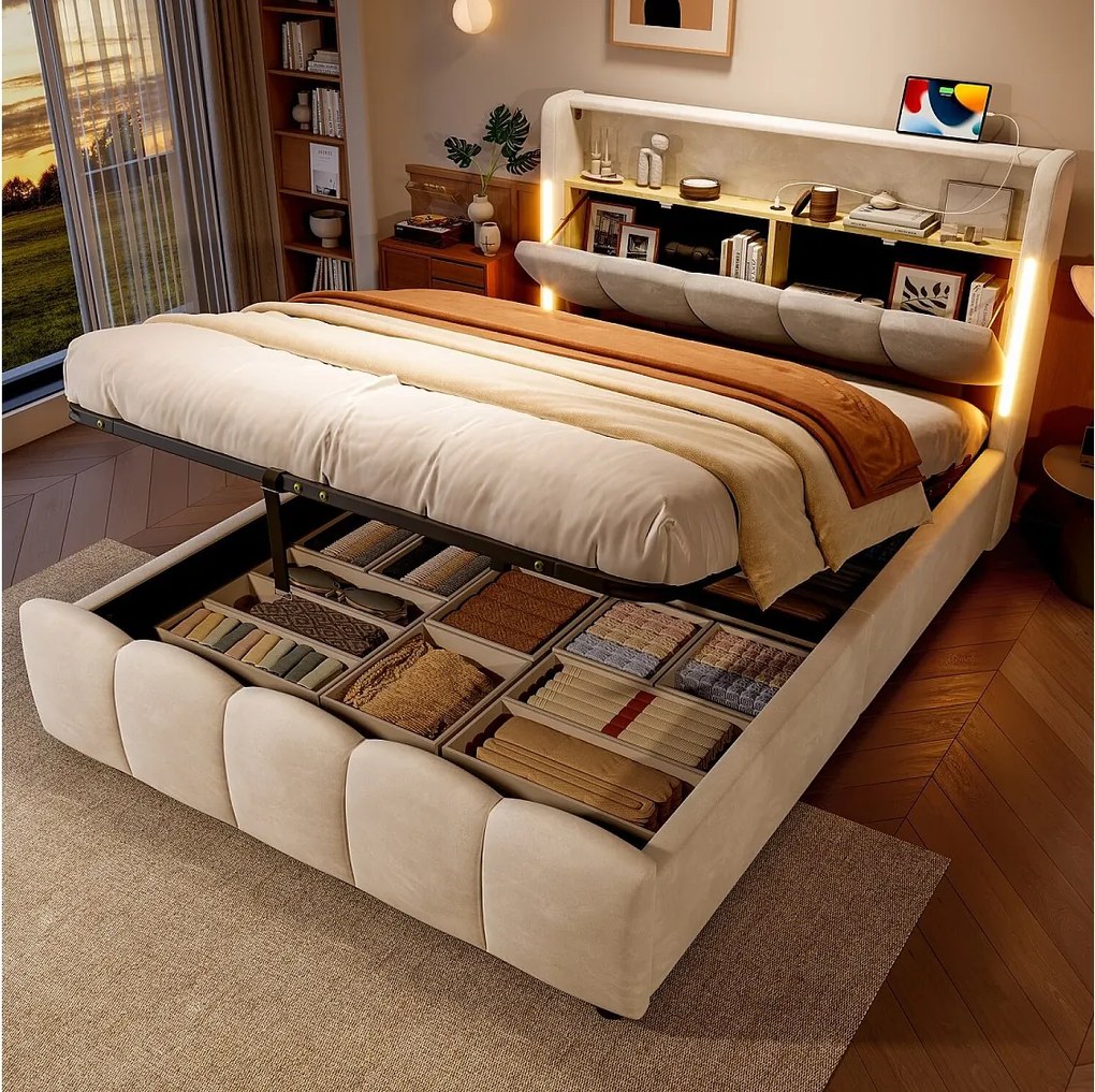 Łóżko z pojemnikiem 140x200 cm Łóżko dla dorosłych z LED i USB, zagłówek z pojemnikiem - beżowy aksamit (bez materaca)