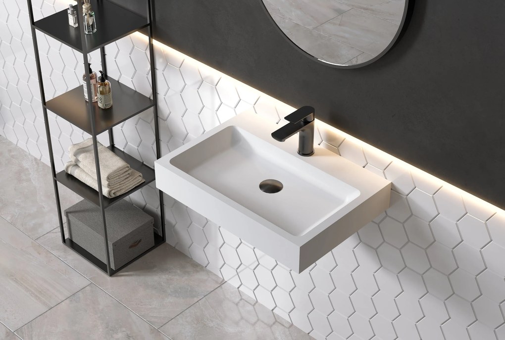 Umywalka ścienna PB2142 z odlewu mineralnegoBiały mat - 60 x 42 x 10 cm