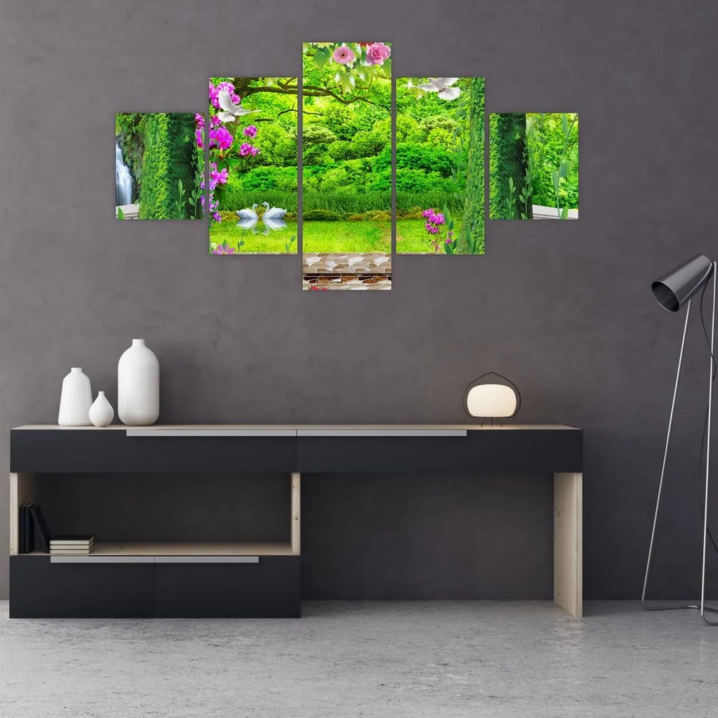 Obraz - Magiczny ogród z łabędziami (125x70 cm)