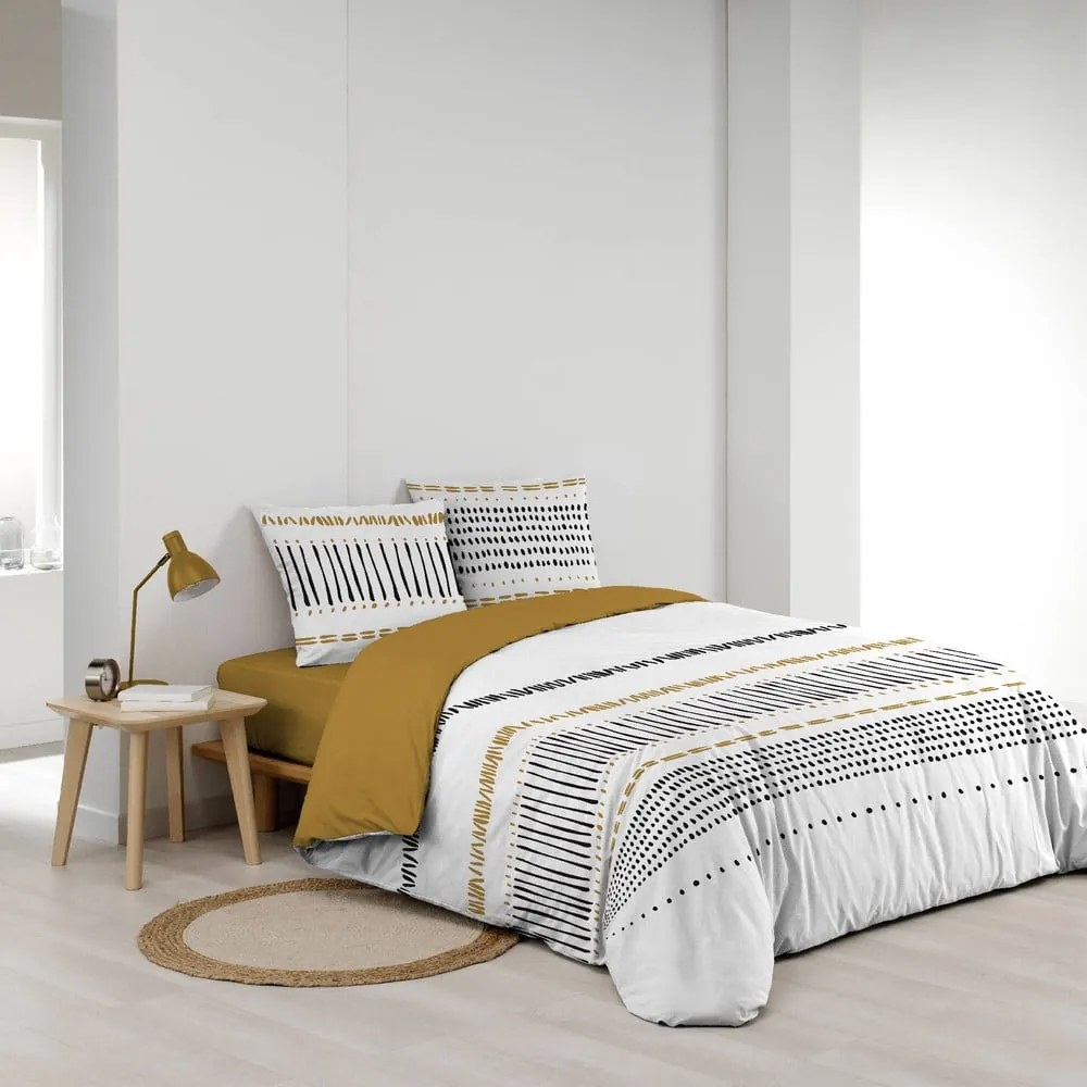 Musztardowo-biała bawełniana pościel dwuosobowa 240x220 cm Chicago – douceur d'intérieur