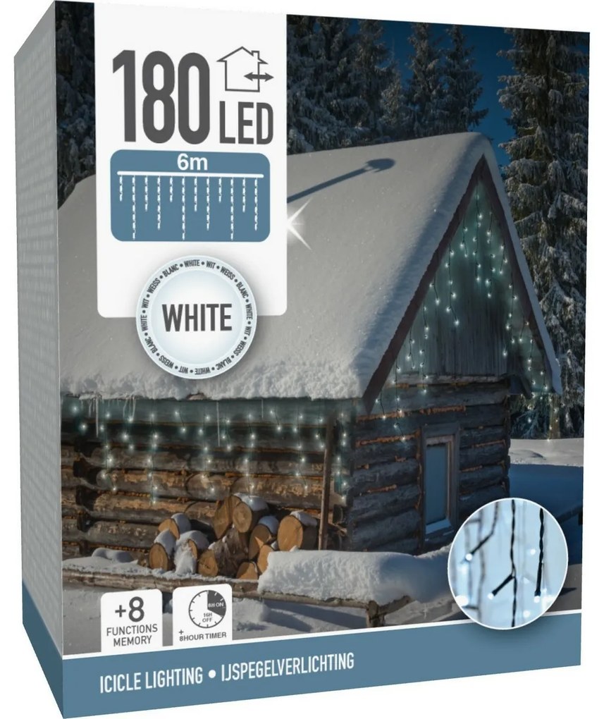 Łańcuch zewnętrzny Sople 6 m, 180 LED, zimna biała, wyłącznik czasowy, IP44, 6 m