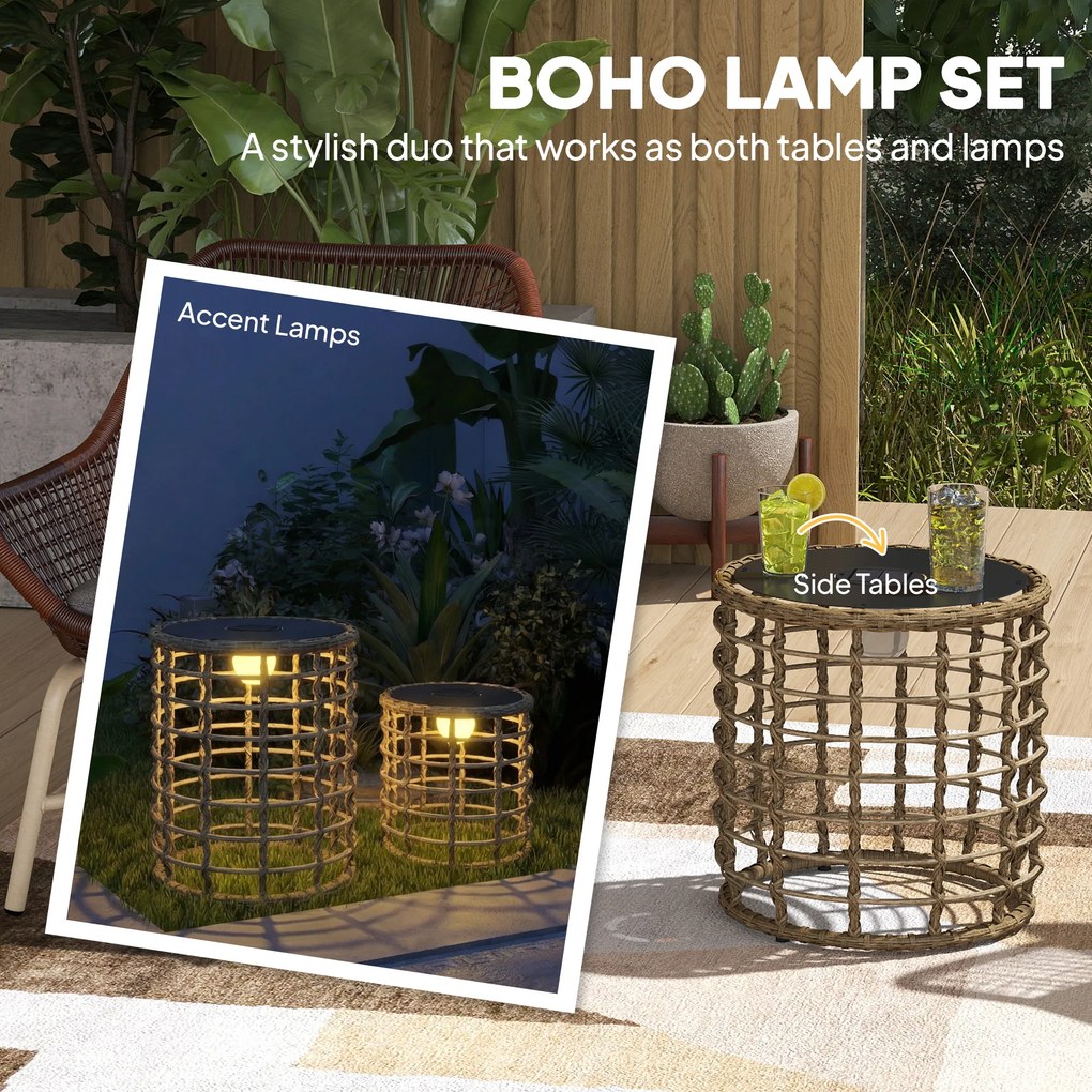 Outsunny Zestaw 2 Solarnych Lampionów Rattanowych z Czujnikiem Światła LED w Stylu Boho IP44 | Aosom PL