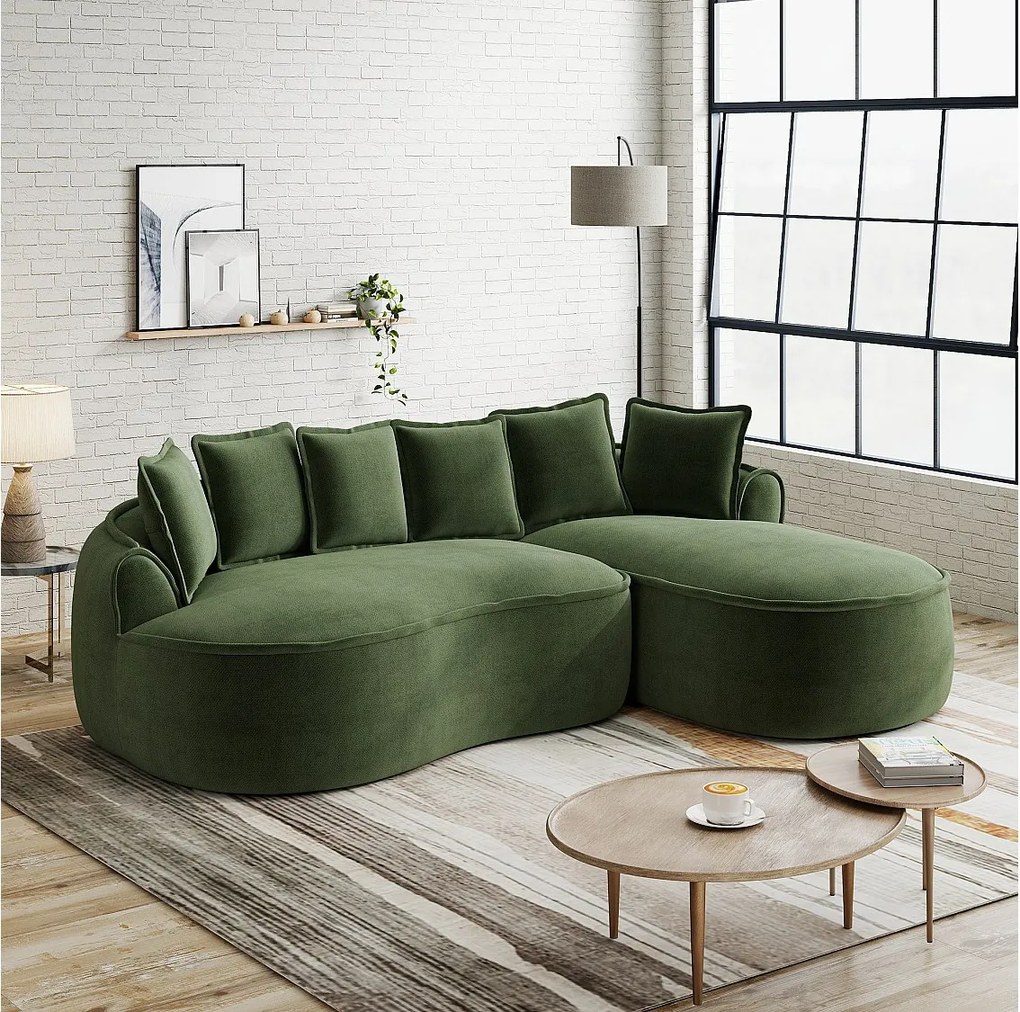 3-osobowa sofa narożna z poduszkami oparciowymi i głębokim siedziskiem, z zielonej tkaniny szenilowej, lewostronna, 252 × 164 × 67 cm