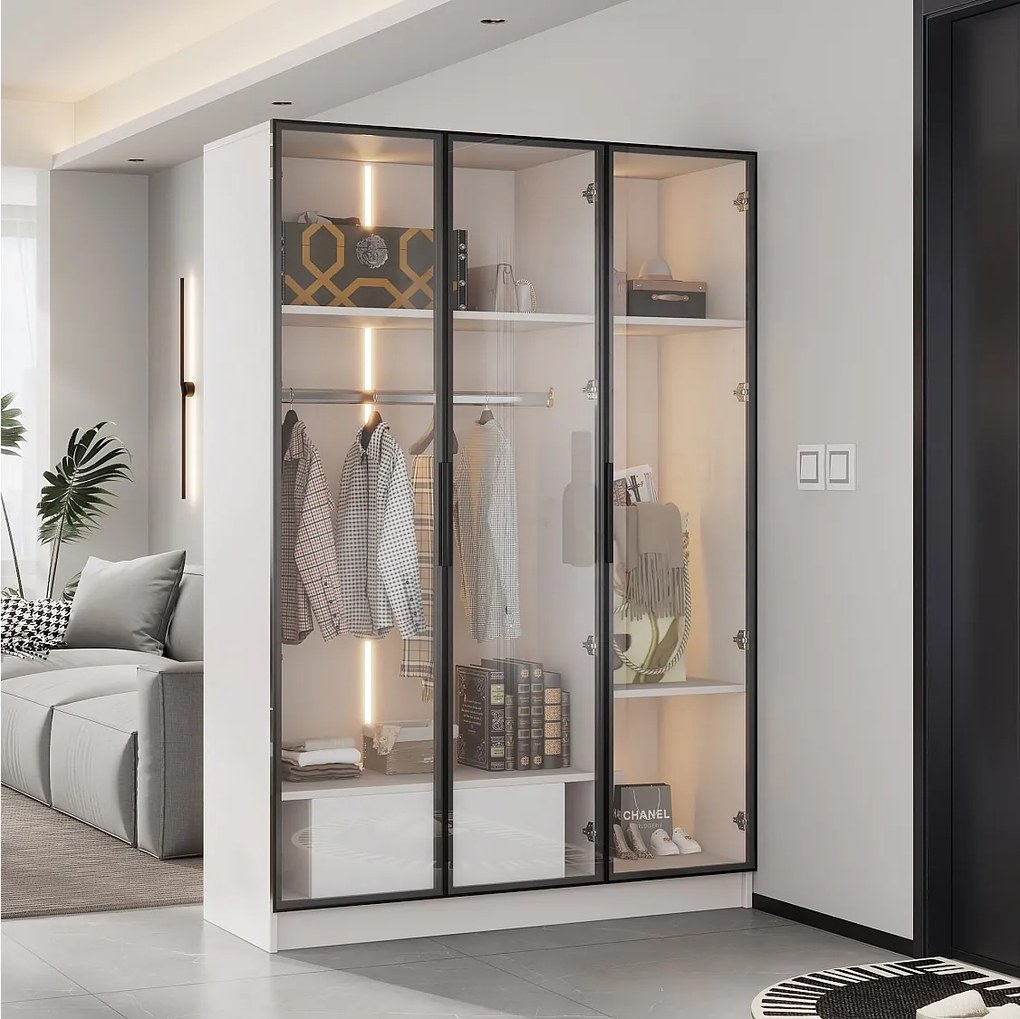 Przestronna szafa z 3 drzwiami szklanymi, witryna - 110x50x160 cm - oświetlenie LED - płyta wiórowa - kolor biały