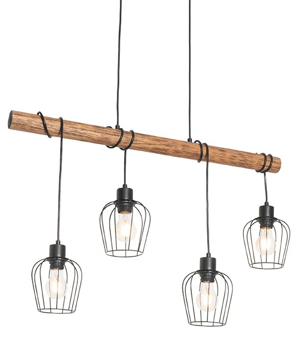 Rustykalna lampa wisząca czarna z drewnem 4-światłowa - Stronk Rustykalny / Vintage Oswietlenie wewnetrzne
