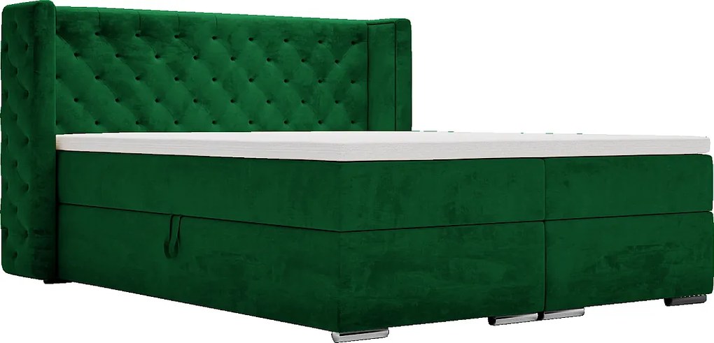 Emporius Valencia Box łóżko kontynentalne 160x200 - topper, materac H3, pojemnik - łóżko małżeńskie, tkanina aksamitna, zielony (Magic Velvet 2225)