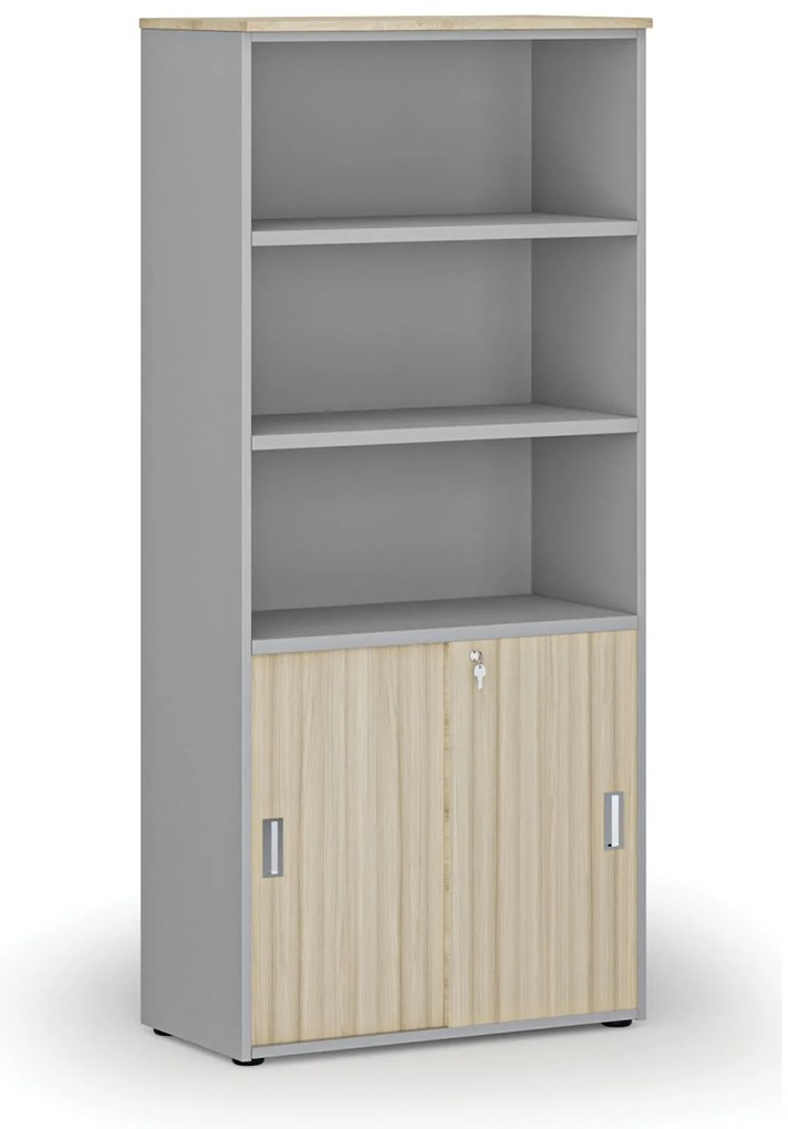 Szafa biurowa kombinowana PRIMO GRAY, drzwi przesuwne na 2 poziomach, 800 x 420 x 1781 mm, szary/dąb naturalny