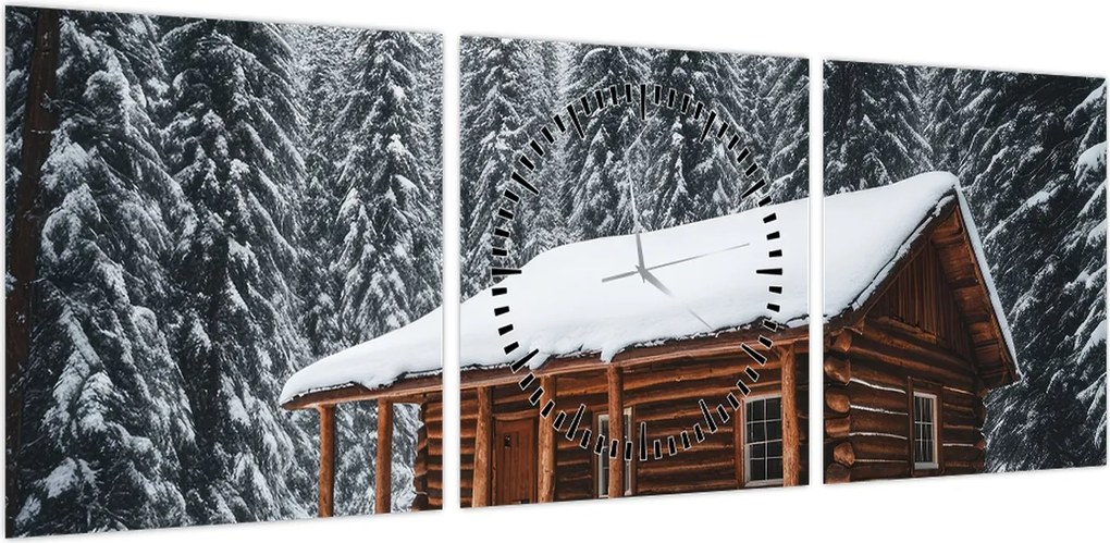 Obraz - Pokryta śniegiem chata (z zegarem) (90x30 cm)