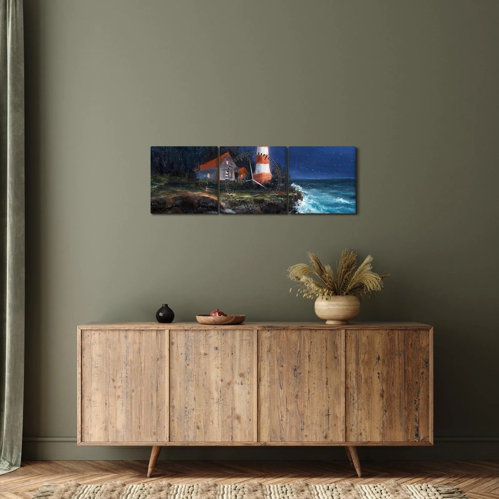 Obraz - Latarnia morska na brzegu oceanu, akwarela (z zegarem) (90x30 cm)