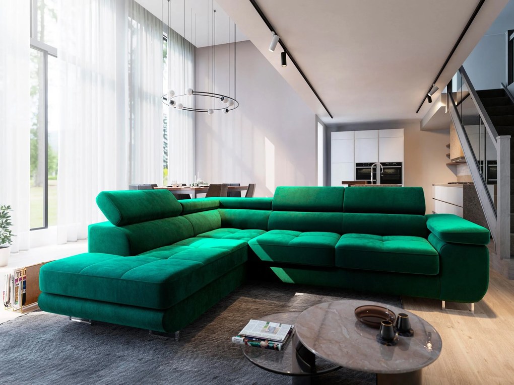 Masseno Narożnik SELVA z Funkcją Spania i Pojemnikiem na Pościel Narożnik L, Rozkładana sofa - Zielony, MONOLITH 37