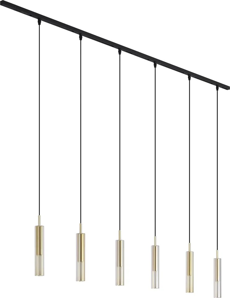 Nowoczesny system szynowy czarny z 6 lampami wiszącymi złoty z bursztynowym szkłem 1-fazowy - Slimline Loyce