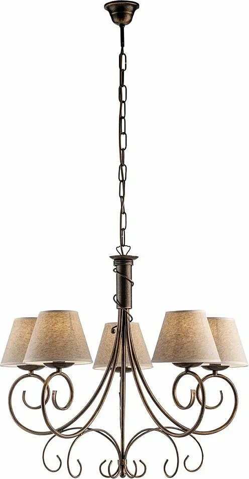 Żyrandol Wiedeń z brązowego lakierowanego żelaza, dekor stare złoto, abażury PVC z efektem juty Ø13", elegancki styl klasyczny, 5 świateł