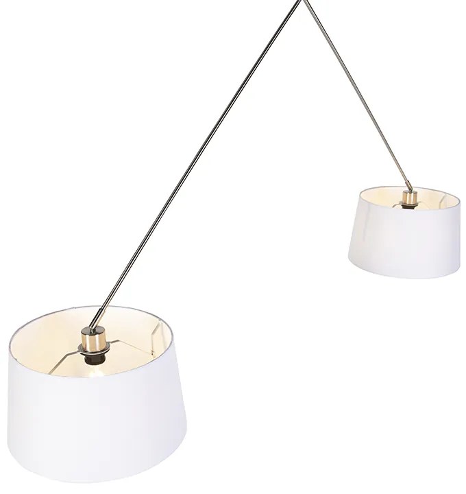 Stalowa lampa wisząca z białymi abażurami z lnu 35 cm 2-światłowa - BlitzWiejski/ Rustykalny / Vintage Oswietlenie wewnetrzne