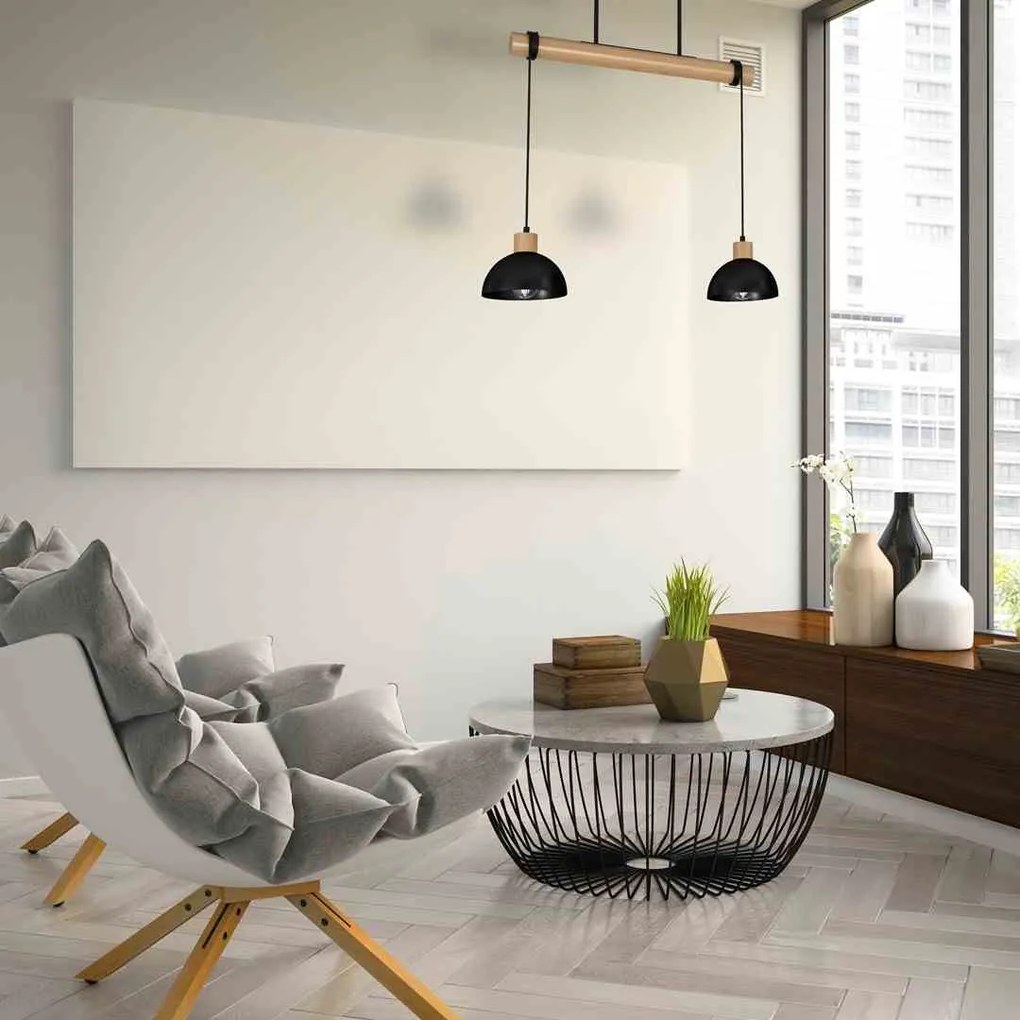 Lampa wisząca, czarna, podwójna, drewno, ERIK Black/Wood 2xE27