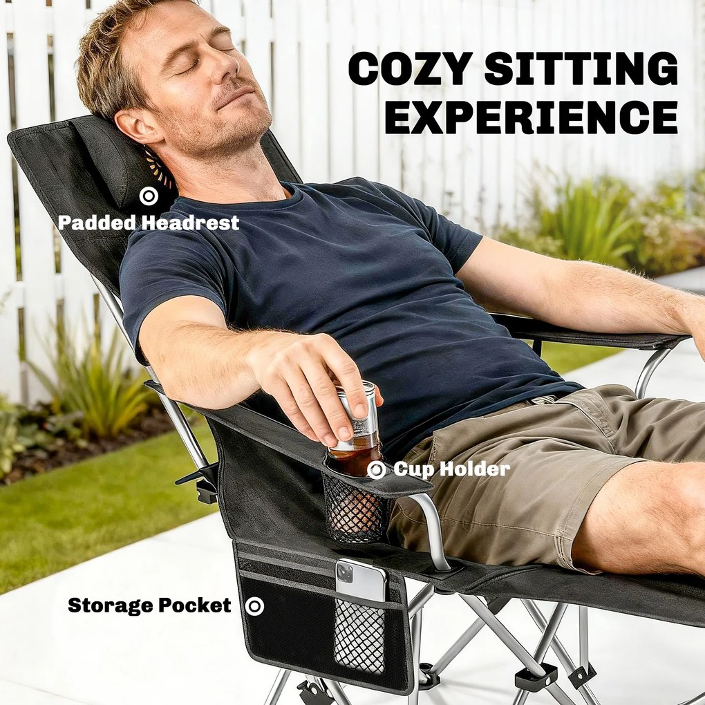Outsunny Zestaw 2 składanych krzeseł campingowych z odłączaną podnóżkiem i uchwytem na napój, obciążenie do 120 kg, Czarne