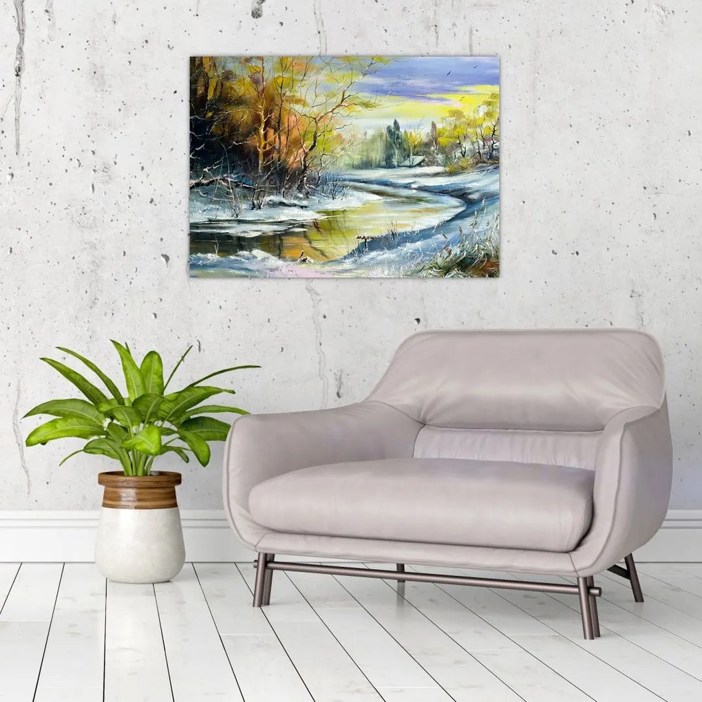 Obraz zimowej rzeki, obraz olejny (70x50 cm)