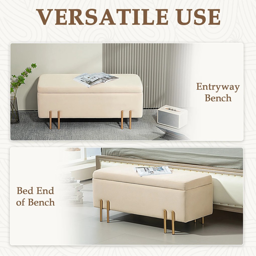 HOMCOM Ławka tapicerowana z miejscem do przechowywania, Skrzynia, Pianka, Metal, Drewno kauczukowe, 100 x 40 x 42 cm, Beżowy