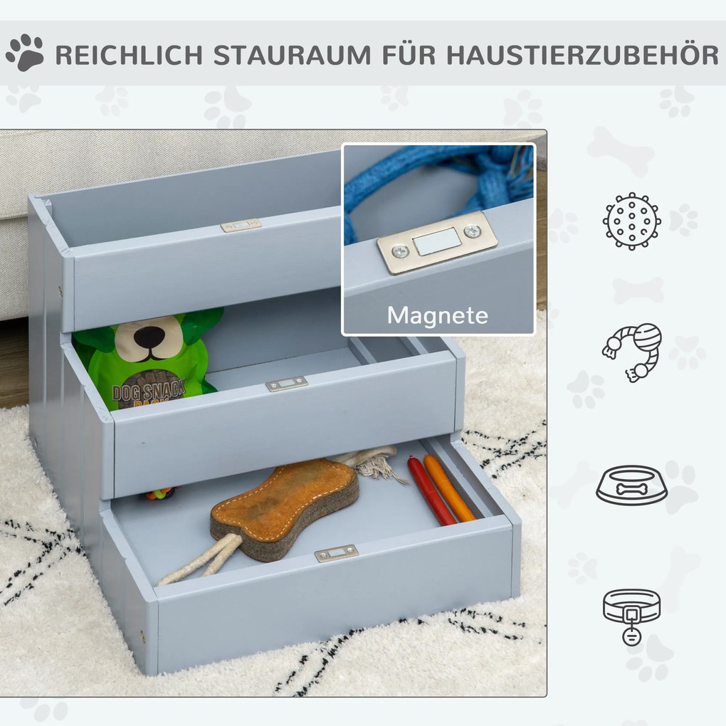 PawHut Schody dla Zwierząt Domowych z Dywanikiem Schowek Drewno Sosnowe Szary 405x445x38 cm | Aosom PL