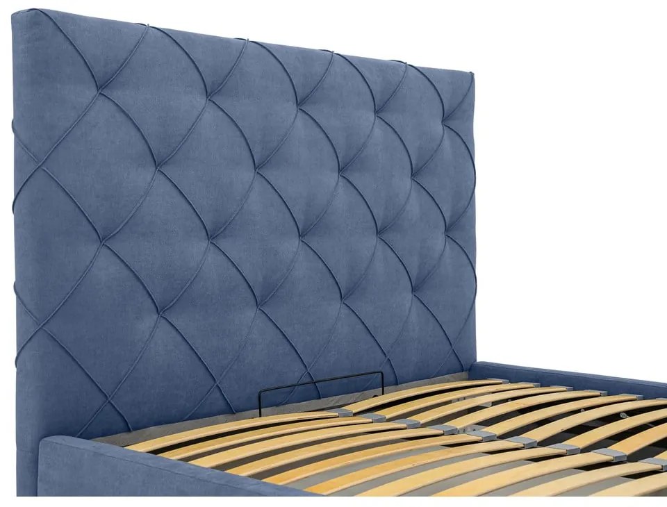 Niebieskie tapicerowane łóżko dwuosobowe ze schowkiem i stelażem 140x190 cm Bee – Scandic