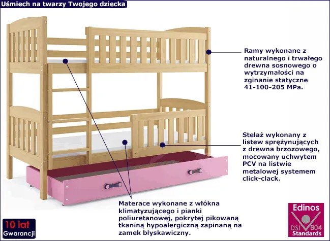 Drewniane Łóżko Piętrowe Dla Dzieci Z Szufladą 80X190 Dąb F8-F56