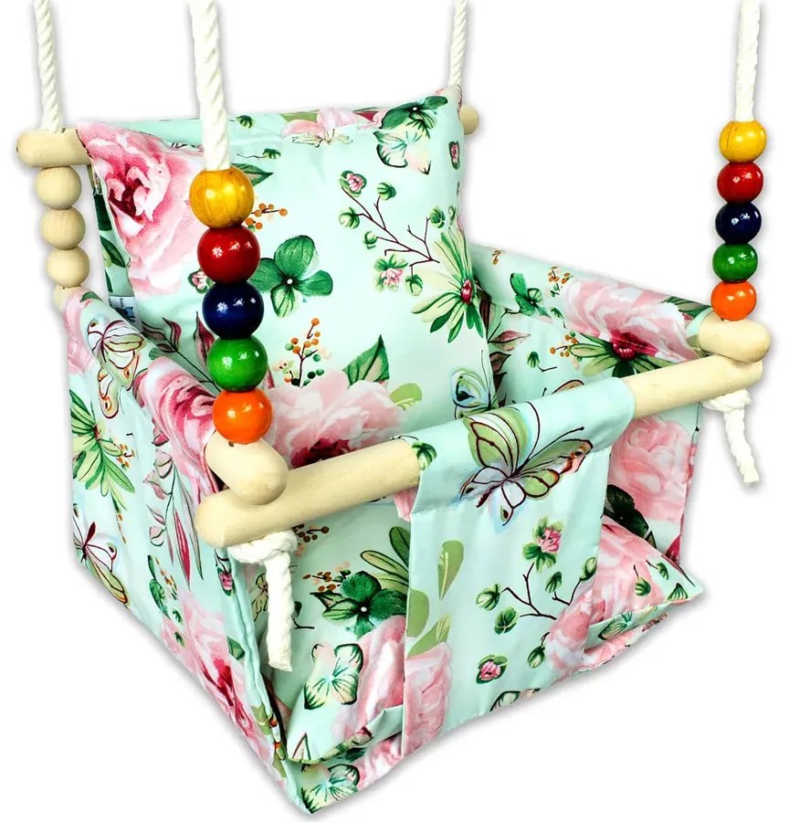 Huśtawka dziecięca drewniana w kwiaty T4-N95