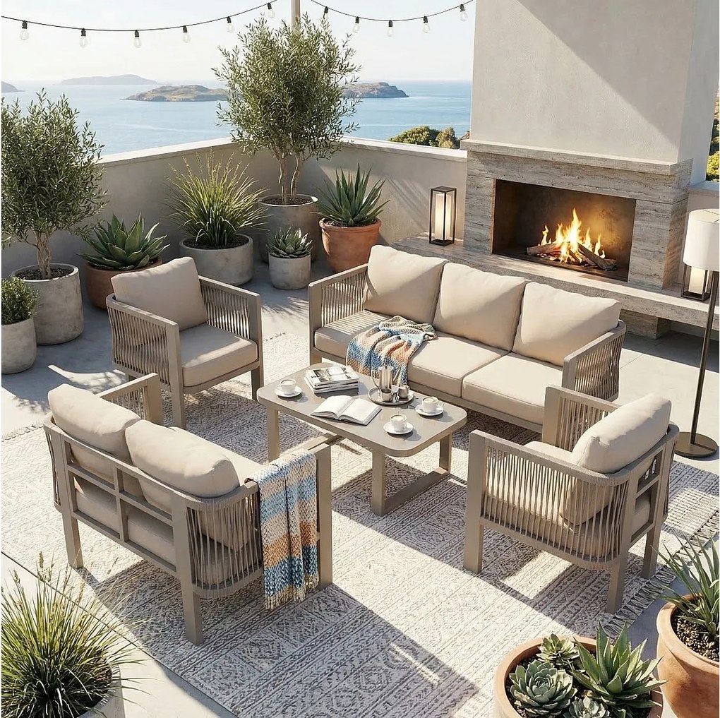 Salon Ogrodowy 7 Osób ze Stolikiem Kawowym ze Szkła - Zestaw Kanap i Foteli z Plecionego Sznurka Teslin - Stal Ocynkowana - Khaki