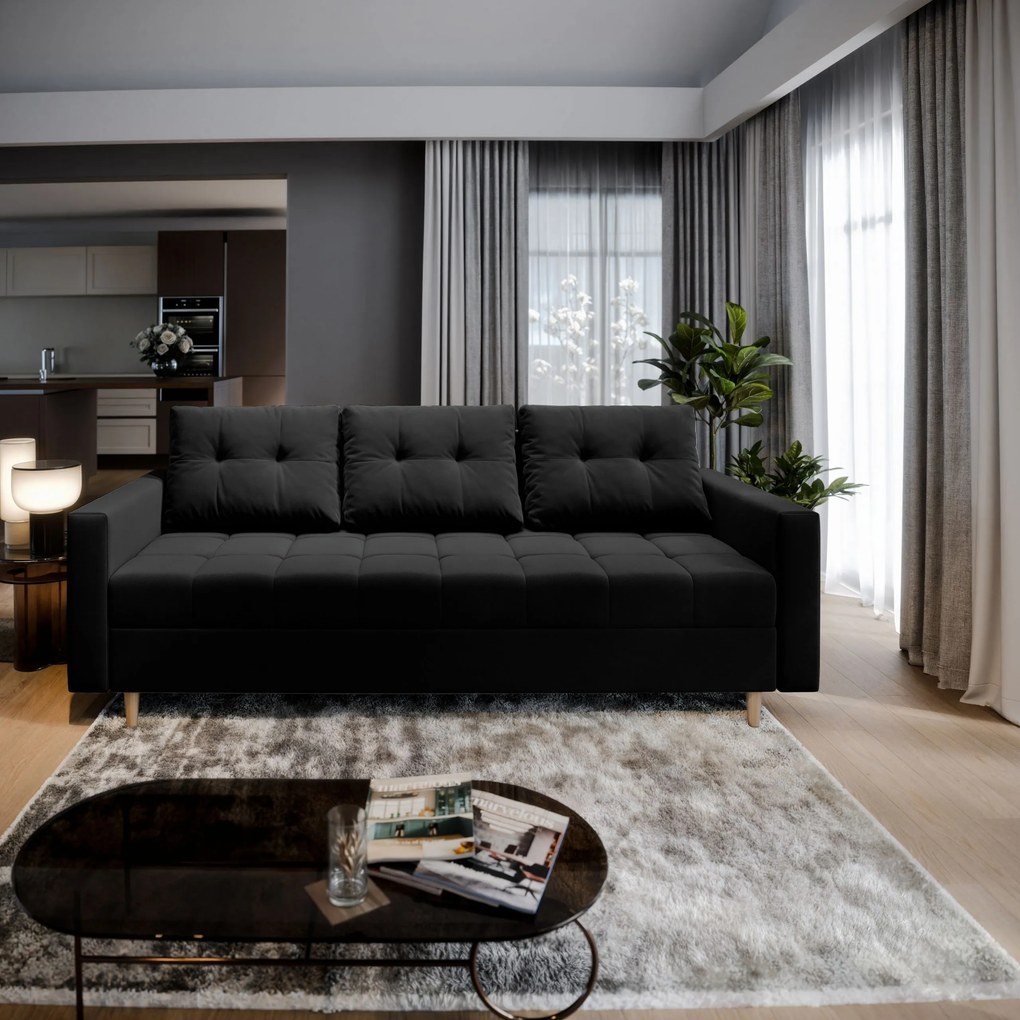 Masseno Sofa MILO z funkcją spania i pojemnikiem na pościel, Rozkładana sofa - Czarny, KRONOS 07
