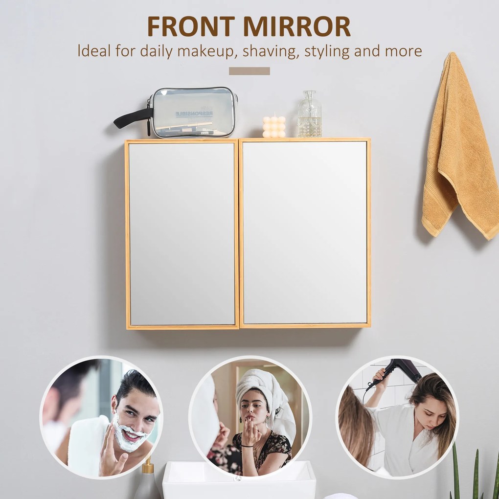 kleankin Szafka Łazienkowa z Drzwiami Lustrzanymi, Wiele Przegródek, Solidna Obudowa z Bambusa, 65,2 x 14 x 50 cm