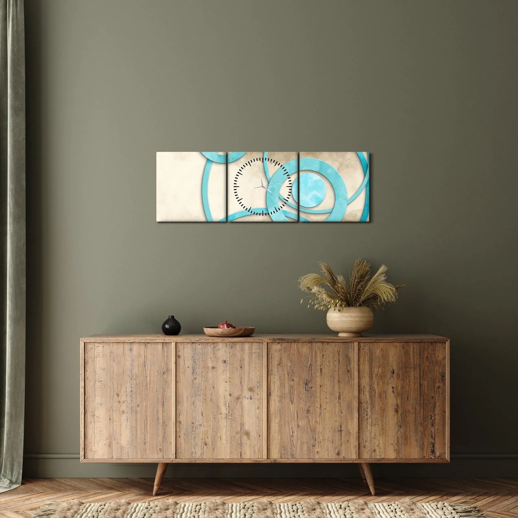 Obraz - Niebieskie koła na akwareli (z zegarem) (90x30 cm)