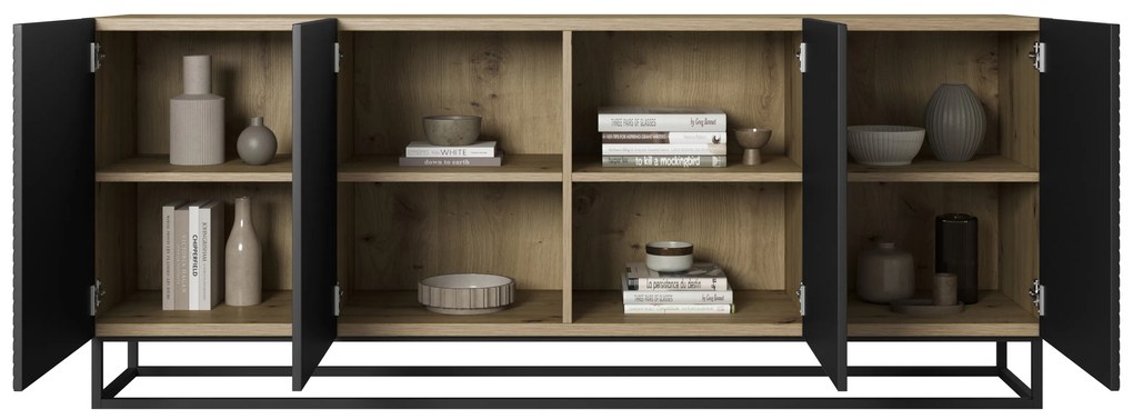 Komoda Asha 200 cm czterodrzwiowa na stelażu - artisan / czarny mat