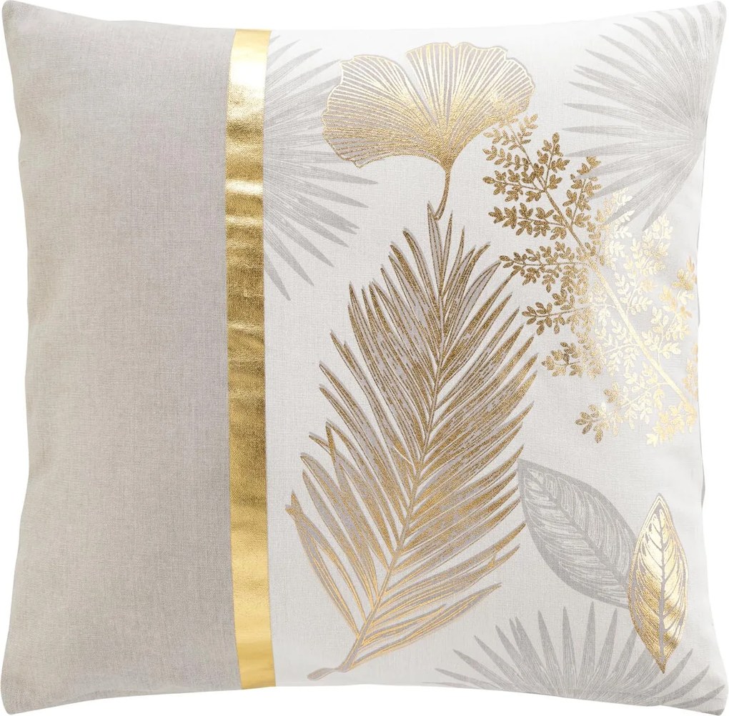 Beżowa poduszka, złote liście, 45 x 45 cm